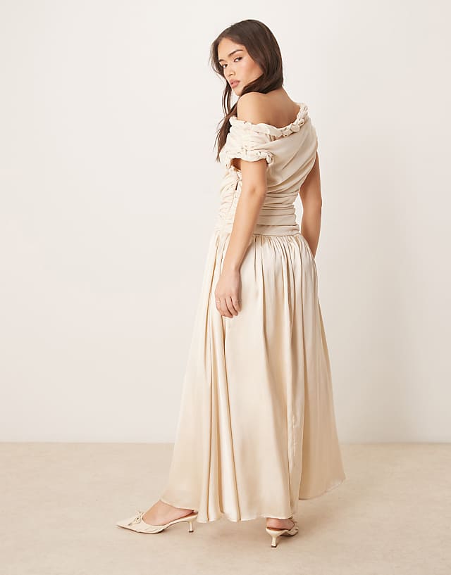 Asos ASOS DESIGN Twist Neckline Ruched Bodice With Satin Skirt Midi Dress In Cream