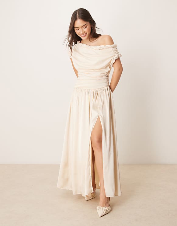 asos ASOS DESIGN twist neckline ruched bodice with satin skirt midi dress in cream