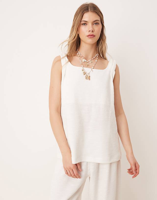 asos ASOS DESIGN twist strap square neck trapeze top in white boucle