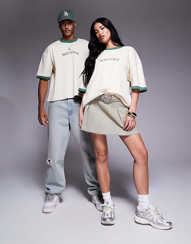 Asos ASOS DESIGN Unisex Boxy Disney T-shirt With Mickey Mouse Prints In Ivory
