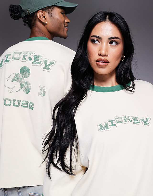 Asos ASOS DESIGN Unisex Boxy Disney T-shirt With Mickey Mouse Prints In Ivory
