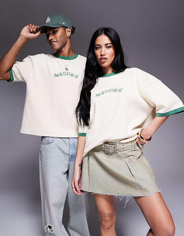 Asos ASOS DESIGN Unisex Boxy Disney T-shirt With Mickey Mouse Prints In Ivory