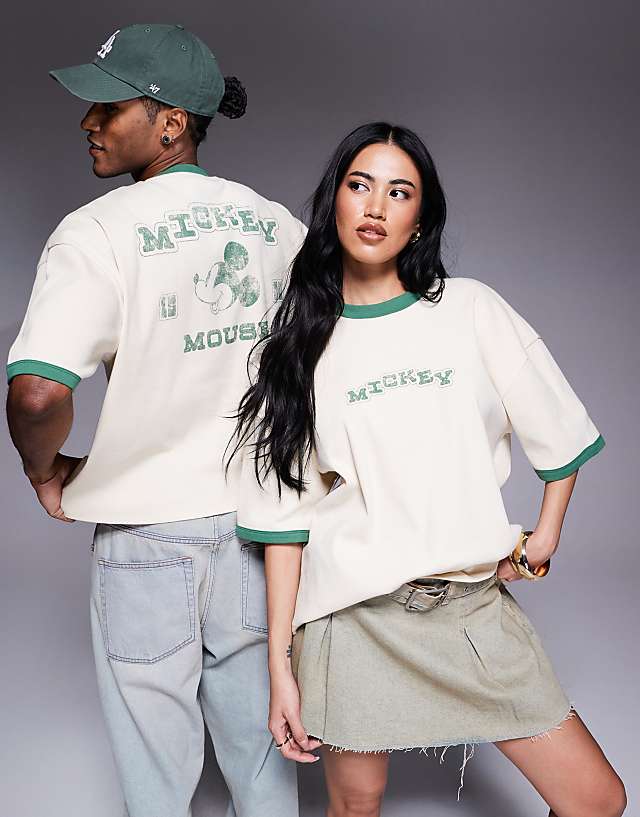 asos ASOS DESIGN unisex boxy Disney t-shirt with Mickey Mouse prints in ivory