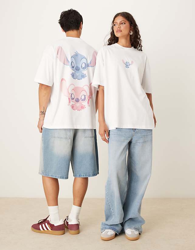 asos ASOS DESIGN unisex oversize Disney t-shirt with Stich and Angel prints in white