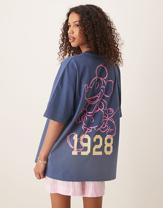 Asos ASOS DESIGN Unisex Oversize T-shirt With Mickey Mouse Puff Print In Navy