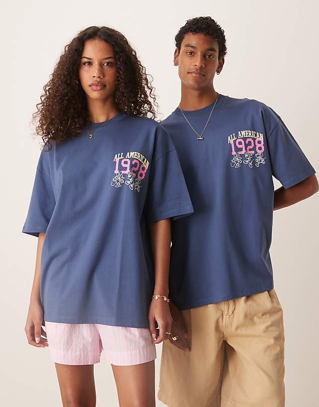 Asos ASOS DESIGN Unisex Oversize T-shirt With Mickey Mouse Puff Print In Navy