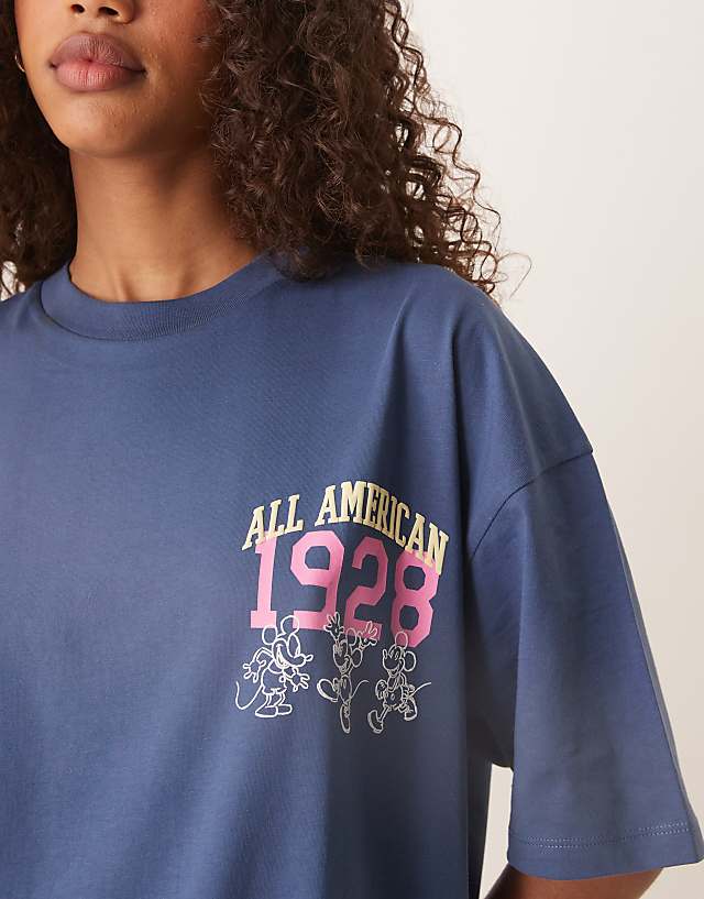Asos ASOS DESIGN Unisex Oversize T-shirt With Mickey Mouse Puff Print In Navy