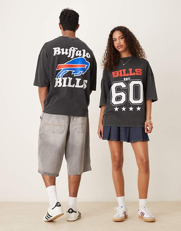 asos ASOS DESIGN unisex oversized NFL t-shirt with Buffalo Bills prints in washed black