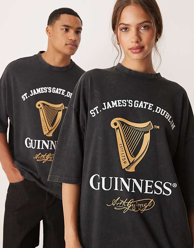 Asos ASOS DESIGN Unisex Oversized T-shirt With Guinness Prints In Washed Black