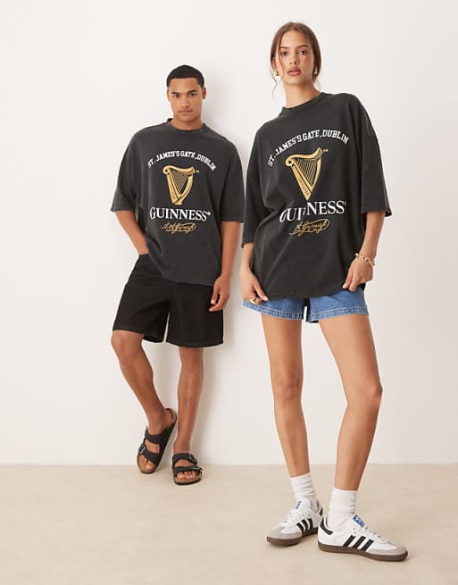 asos ASOS DESIGN unisex oversized t-shirt with Guinness prints in washed black
