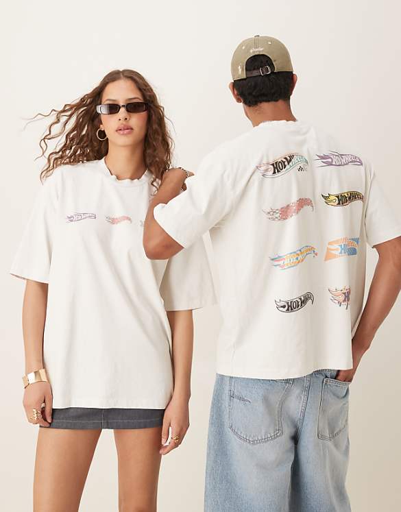 asos ASOS DESIGN unisex oversized t-shirt with Hot Wheels prints in white