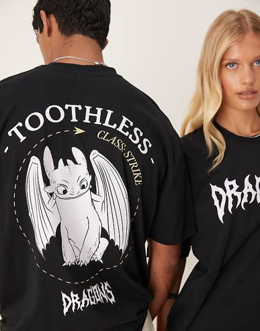 Asos ASOS DESIGN Unisex Oversized T-shirt With How To Train Your Dragon Toothless Prints In Black