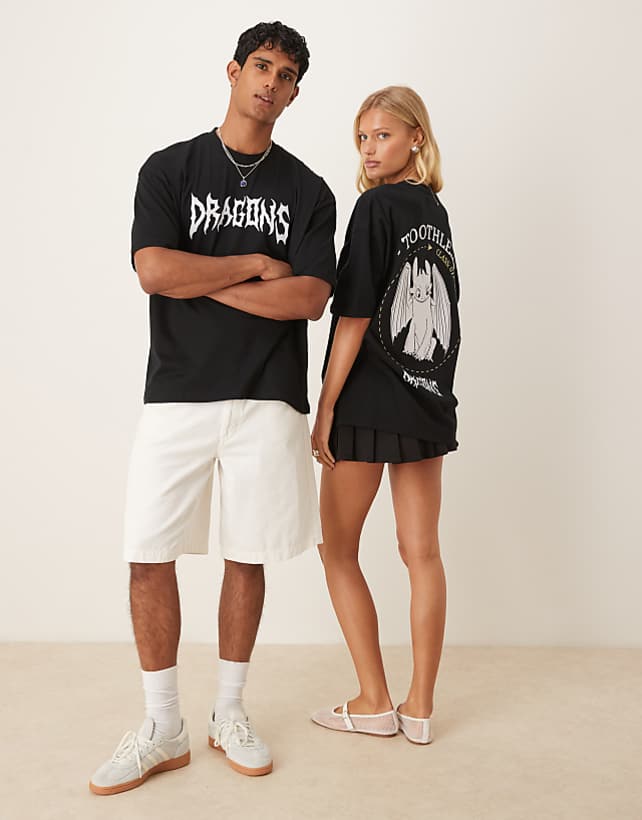 asos ASOS DESIGN unisex oversized t-shirt with How To Train Your Dragon Toothless prints in black