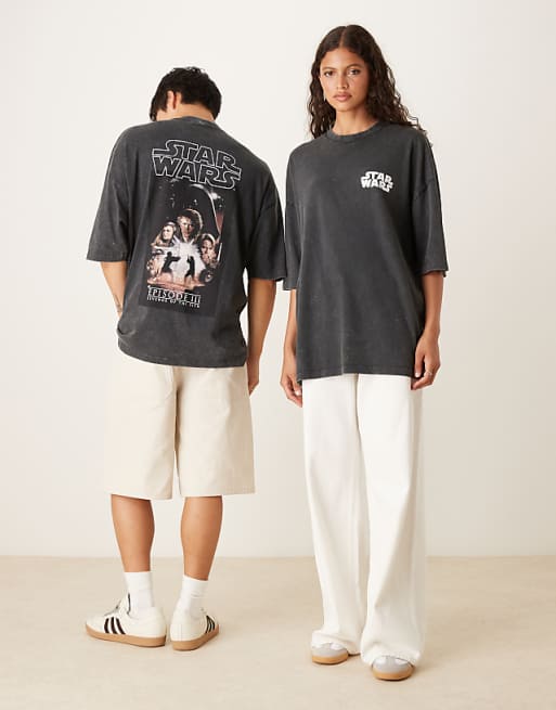 Asos ASOS DESIGN Unisex Oversized T-shirt With Star Wars Episode III Prints In Washed Black