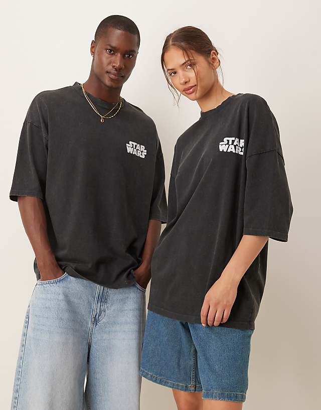 Asos ASOS DESIGN Unisex Oversized T-shirt With Star Wars Episode II Prints In Washed Black