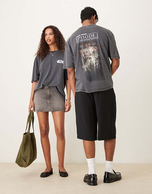 Asos ASOS DESIGN Unisex Oversized T-shirt With Star Wars Episode I Prints In Washed Black