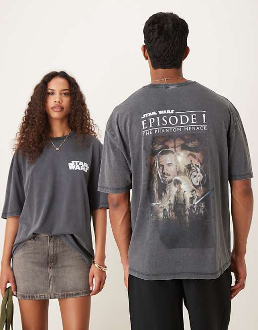 Asos ASOS DESIGN Unisex Oversized T-shirt With Star Wars Episode I Prints In Washed Black
