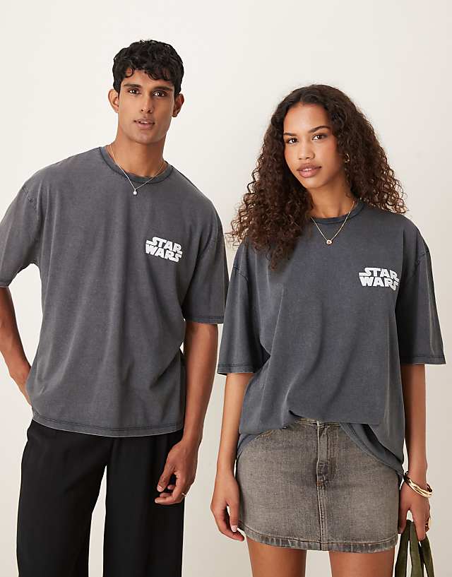 asos ASOS DESIGN unisex oversized t-shirt with Star Wars Episode I prints in washed black