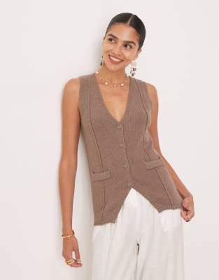 Asos ASOS DESIGN V Neck Seam Detail Waistcoat & Knitted Wide Leg Trouser Co-ord In Mocha