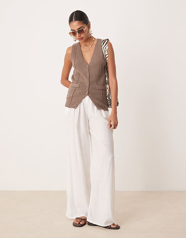 asos ASOS DESIGN v neck seam detail waistcoat & knitted wide leg trouser co-ord in mocha