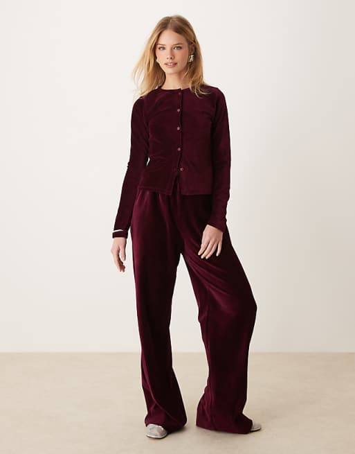 asos ASOS DESIGN velvet cord cardigan and trousers in burgundy asos ASOS DESIGN velvet cord cardigan and trousers in burgundy
