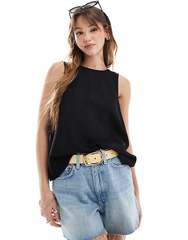 asos ASOS DESIGN vest with scoop back in linen blend in black