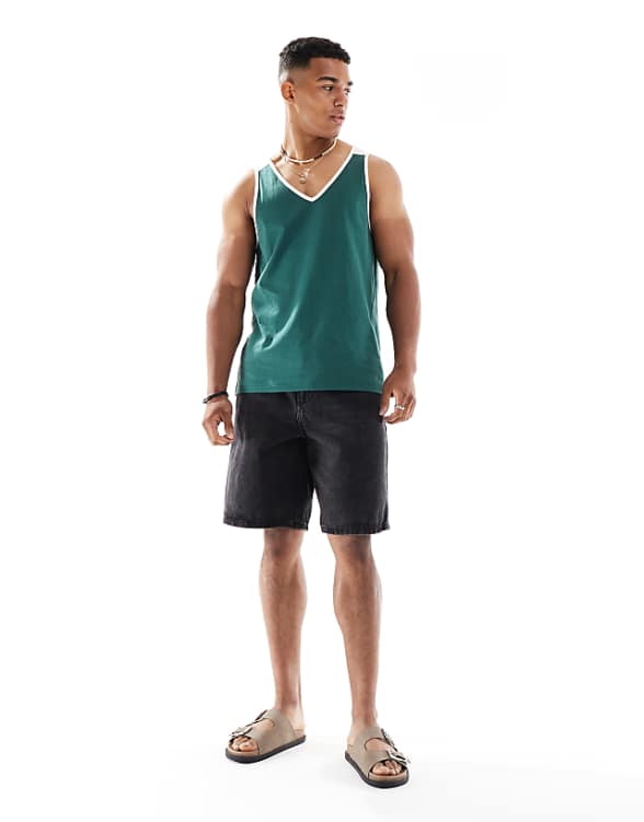 Asos ASOS DESIGN Vest With White Contrast Binding In Green