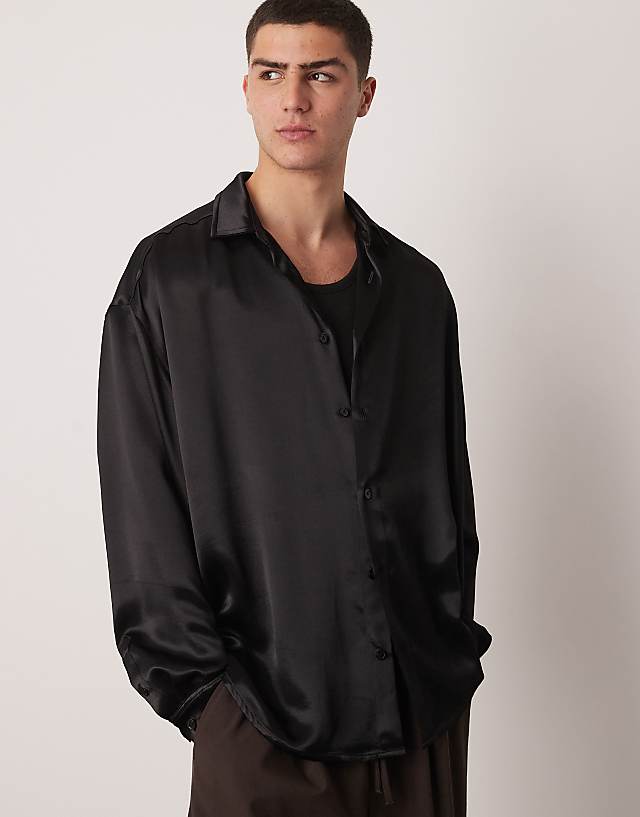 asos ASOS DESIGN volume oversized satin shirt in black