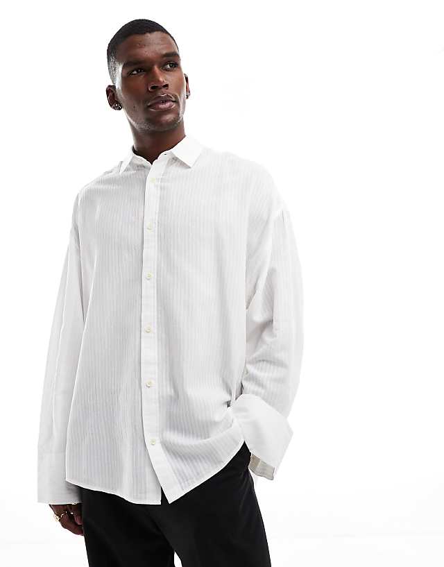 asos ASOS DESIGN volume oversized shirt in white stripe jacquard