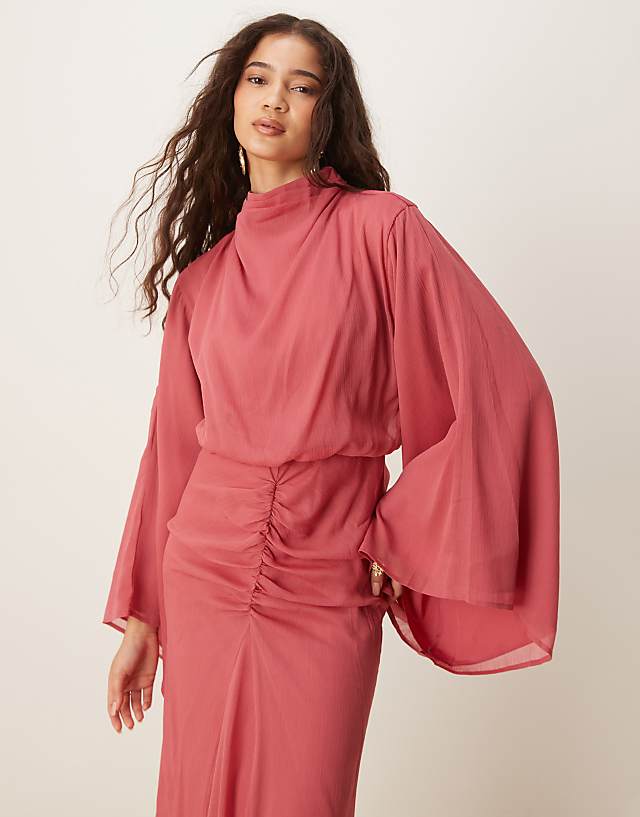 Asos ASOS DESIGN Volume Sleeve Maxi Dress With Ruched Skirt In Deep Rose