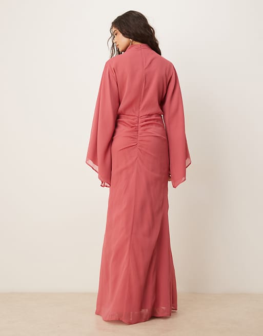 Asos ASOS DESIGN Volume Sleeve Maxi Dress With Ruched Skirt In Deep Rose