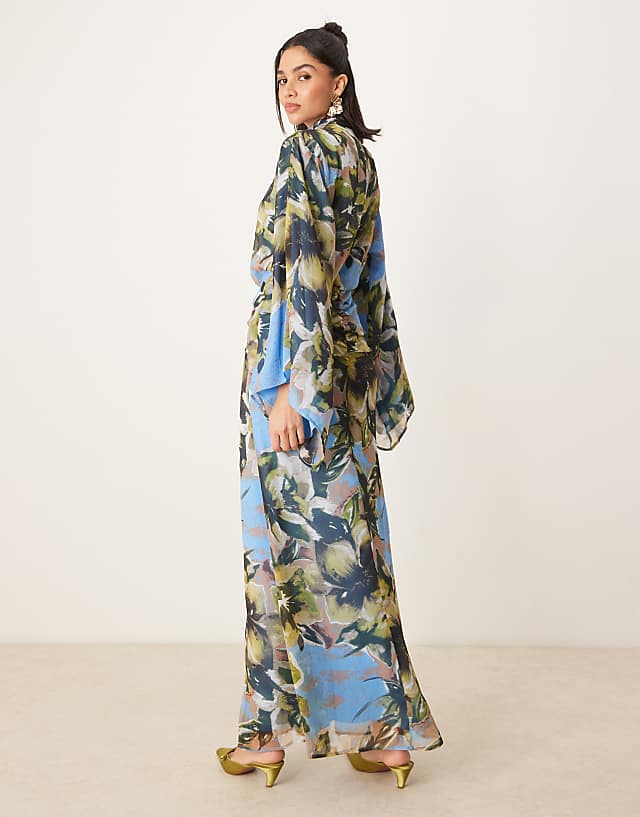 Asos ASOS DESIGN Volume Sleeve Maxi Dress With Ruched Skirt In Blue Floral Print