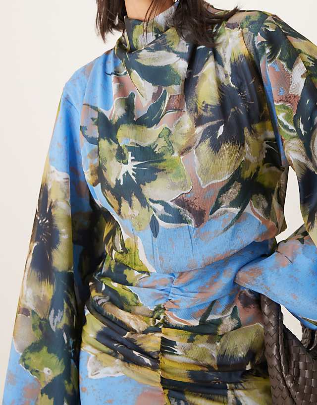 Asos ASOS DESIGN Volume Sleeve Maxi Dress With Ruched Skirt In Blue Floral Print