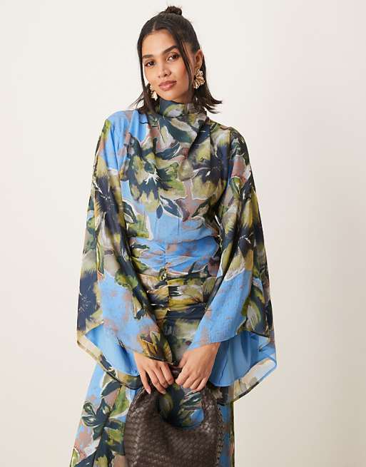 Asos ASOS DESIGN Volume Sleeve Maxi Dress With Ruched Skirt In Blue Floral Print