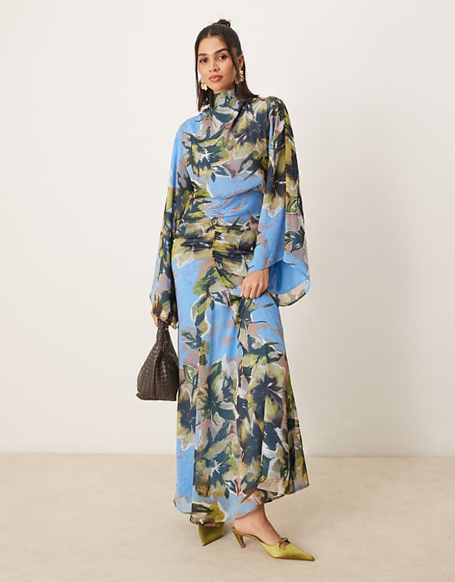asos ASOS DESIGN volume sleeve maxi dress with ruched skirt in blue floral print