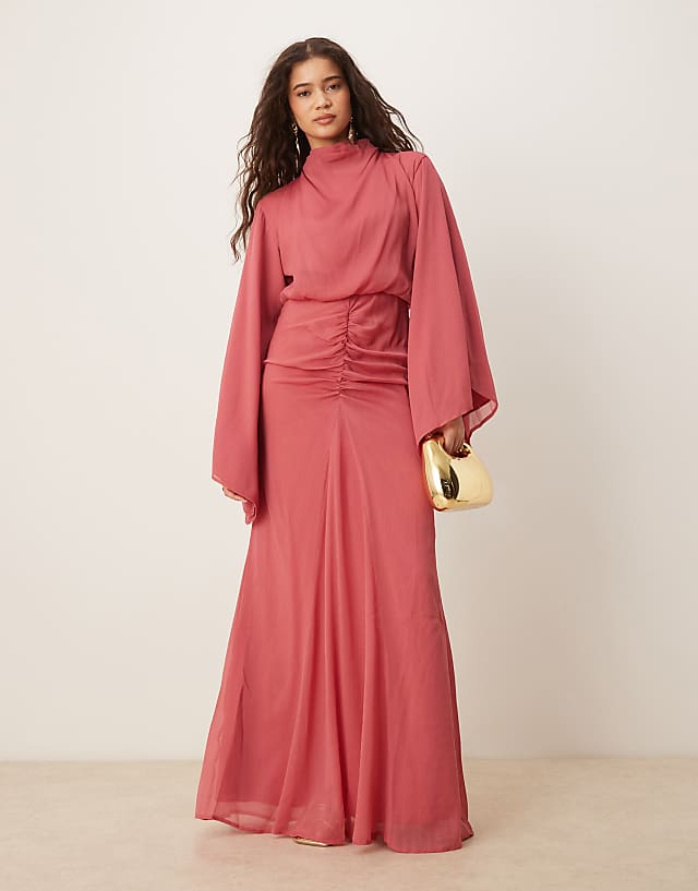 asos ASOS DESIGN volume sleeve maxi dress with ruched skirt in deep rose