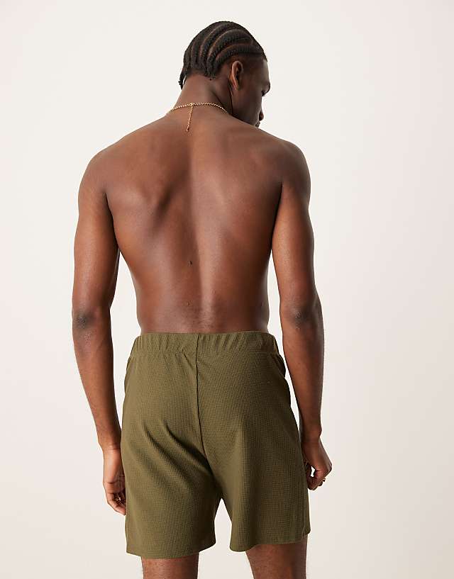 Asos ASOS DESIGN Waffle Lounge Shorts With Woven Patch In Khaki