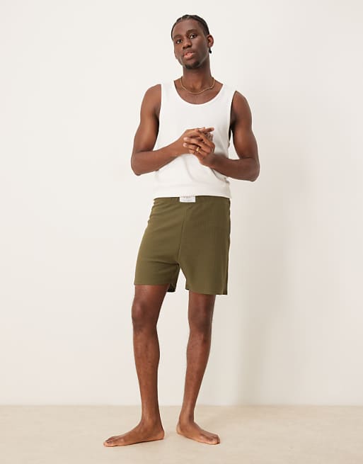 Asos ASOS DESIGN Waffle Lounge Shorts With Woven Patch In Khaki