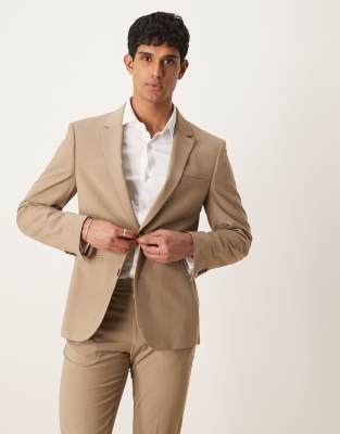 Asos ASOS DESIGN Washable Slim Suit With Wool In Beige