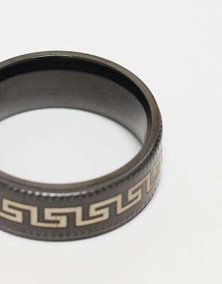 Asos ASOS DESIGN Waterproof Stainless Steel Band Ring With Greek Wave In Black Tone