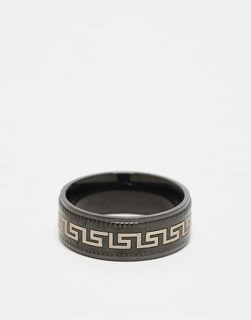 asos ASOS DESIGN waterproof stainless steel band ring with Greek wave in black tone