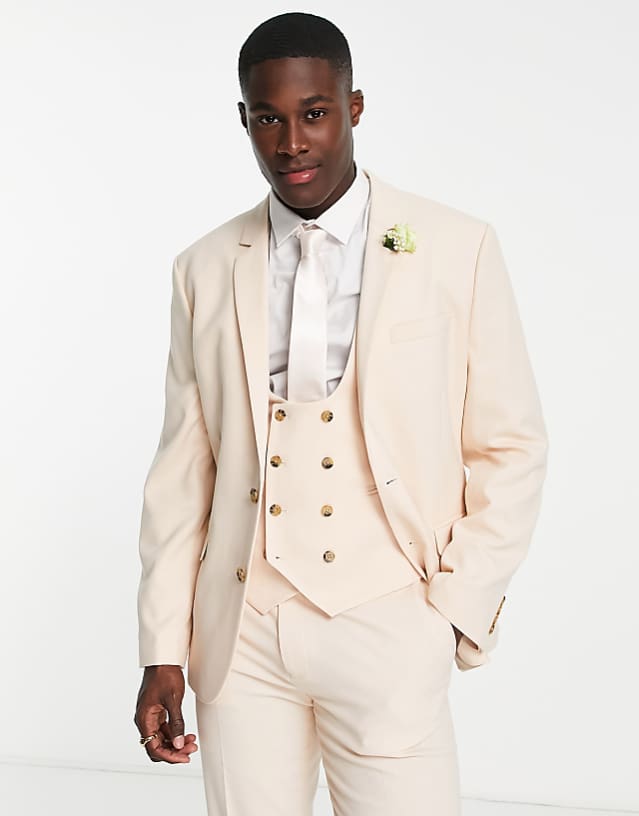 asos ASOS DESIGN wedding slim suit jacket with micro texture in stone
