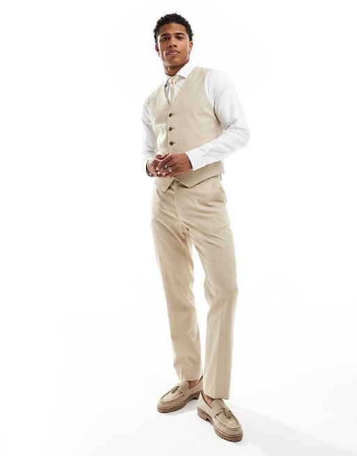 Asos ASOS DESIGN Wedding Slim Suit Trousers With Linen In Stone