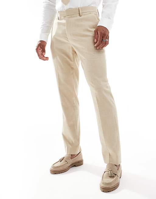 asos ASOS DESIGN wedding slim suit trousers with linen in stone