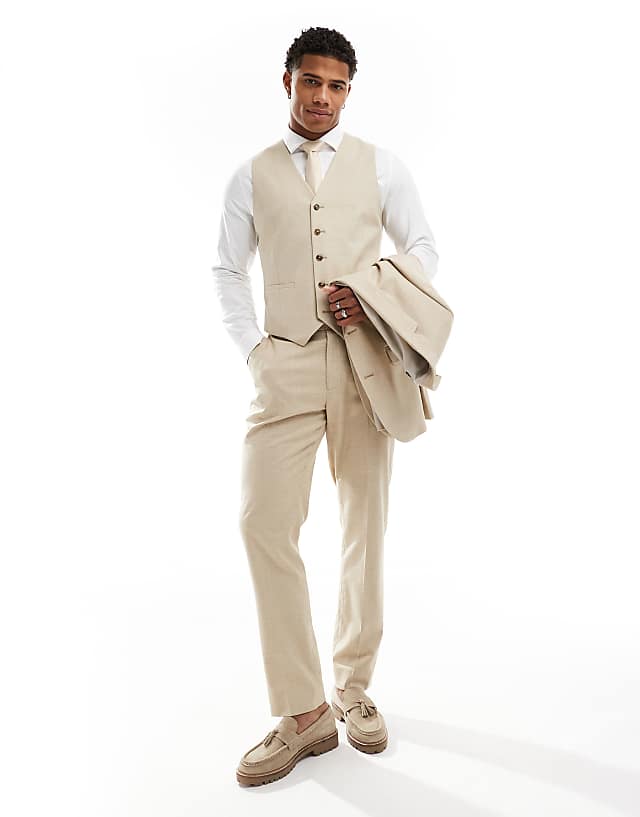 Asos ASOS DESIGN Wedding Slim Suit Waistcoat With Linen In Stone