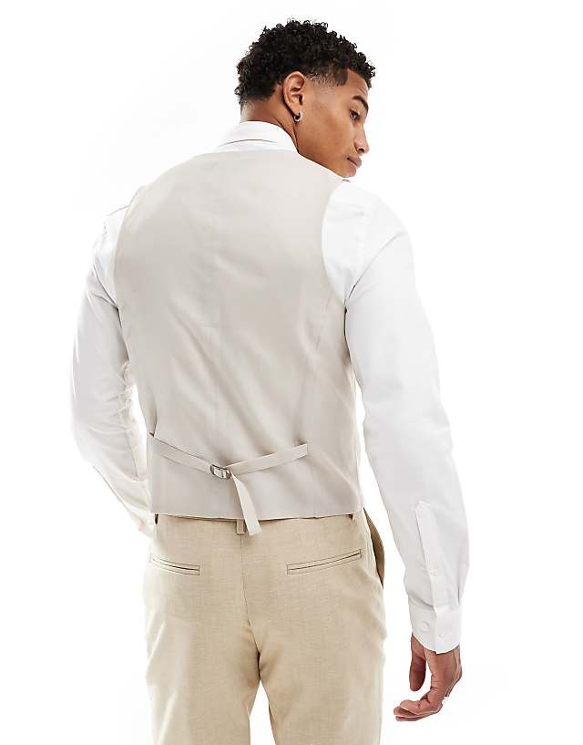Asos ASOS DESIGN Wedding Slim Suit Waistcoat With Linen In Stone