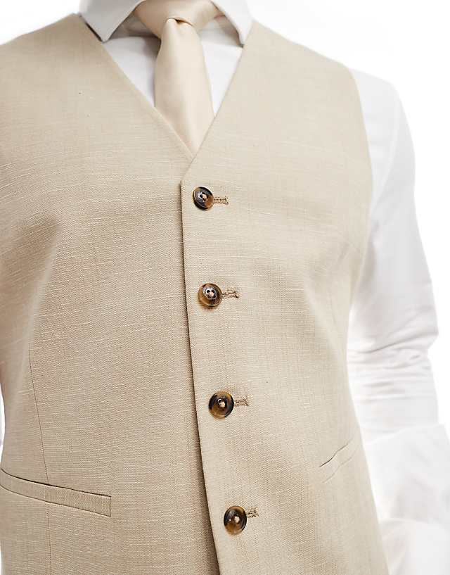 Asos ASOS DESIGN Wedding Slim Suit Waistcoat With Linen In Stone