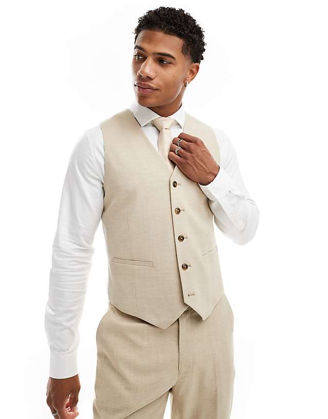 asos ASOS DESIGN wedding slim suit waistcoat with linen in stone