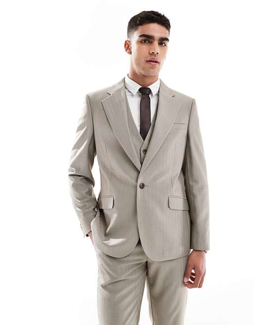 Asos ASOS DESIGN Wedding Wool Mix Slim Suit In Brown Herringbone
