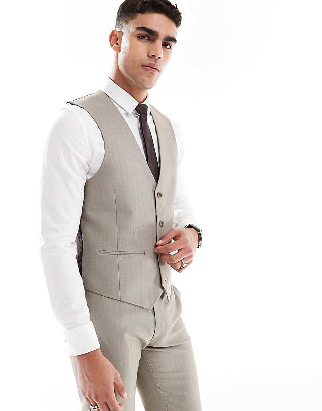Asos ASOS DESIGN Wedding Wool Mix Slim Suit In Brown Herringbone